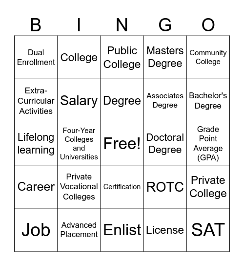College and Career Bingo Card