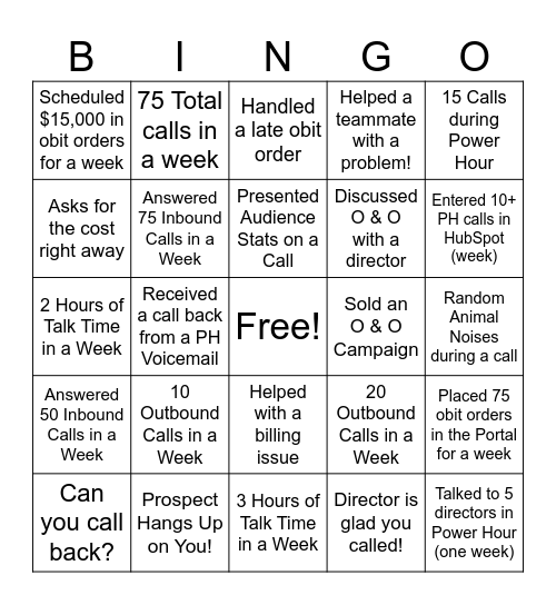 Obituary Team Bingo Card