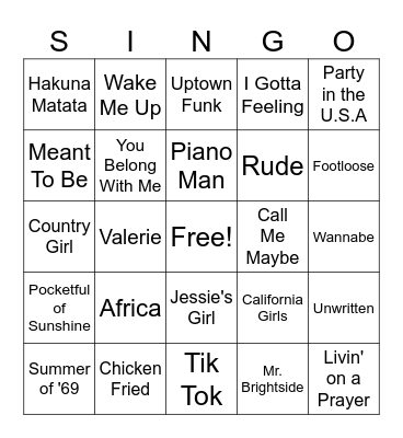 SINGO!! Bingo Card