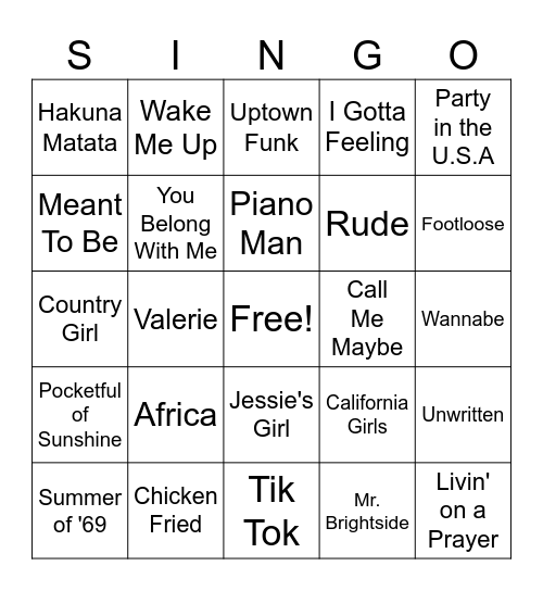 SINGO!! Bingo Card