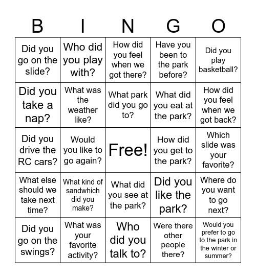 Going to the Park Bingo Card