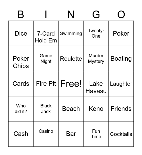 Casino Murder Mystery Game Bingo Card