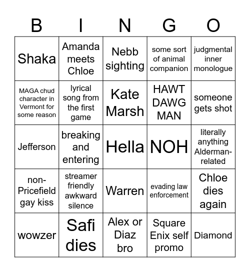 Reunion Bingo Card