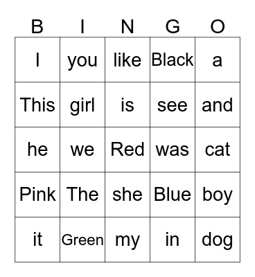 Site/ Color Word Bingo Card