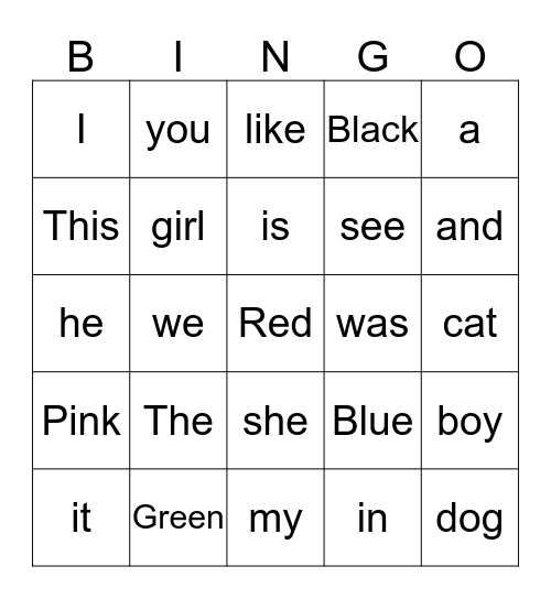 Site/ Color Word Bingo Card