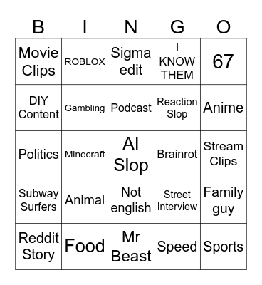 Youtube shorts bingo Card