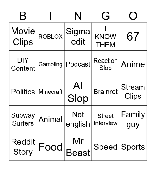 Youtube shorts bingo Card