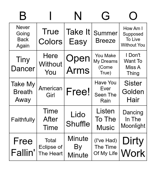 Yacht Rock Bingo Card