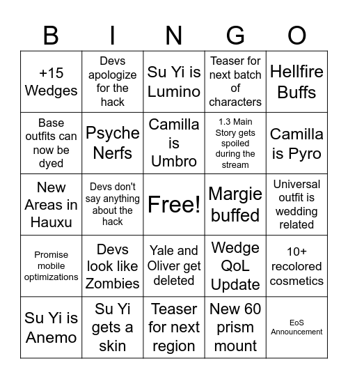 DNA 1.3 Livestream BINGO Card