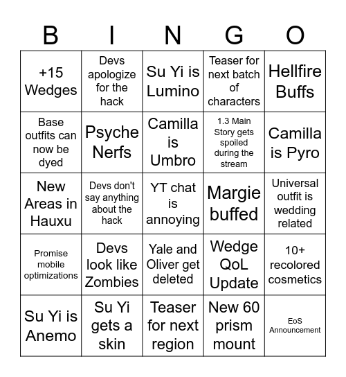 DNA 1.3 Livestream BINGO Card