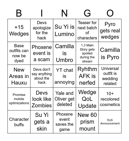 DNA 1.3 Livestream BINGO Card