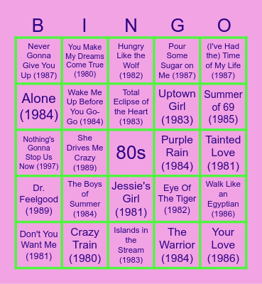Tap It 80s Night Final Round 3-27 $80 Bingo Card