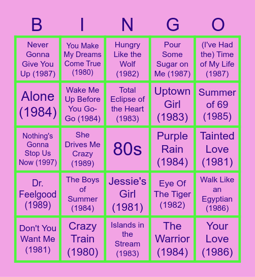 Tap It 80s Night Final Round 3-27 $80 Bingo Card