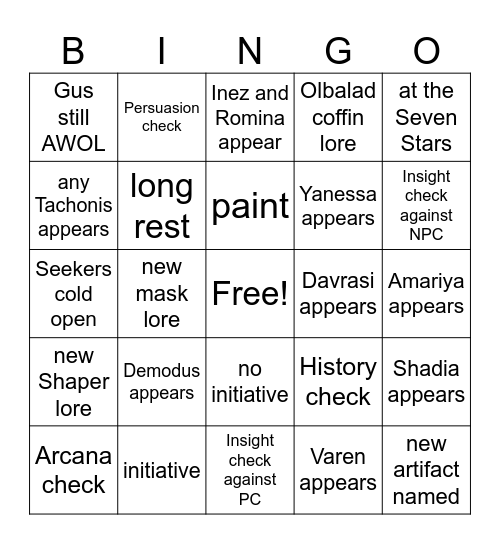 And On Top Of Everything Else, Some Visiting King Is Missing [Critical Role 4.20] Bingo Card