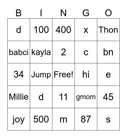 Taylor Bingo game Bingo Card