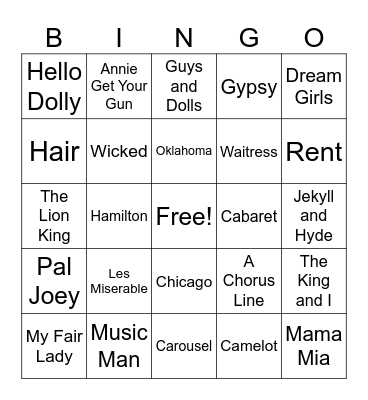 Broadway Showtunes Bingo Card