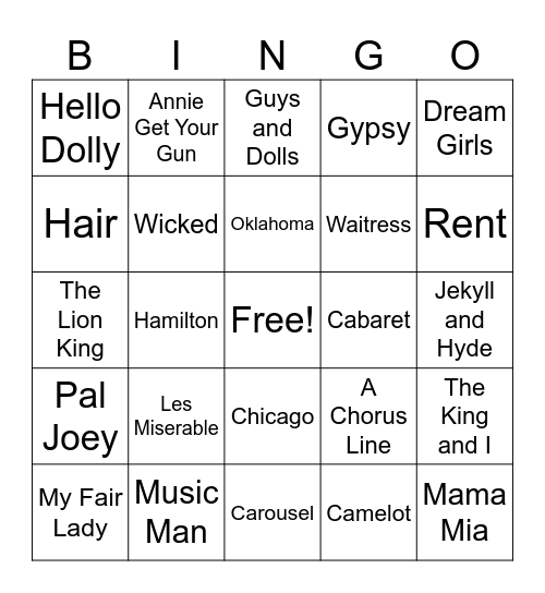 Broadway Showtunes Bingo Card