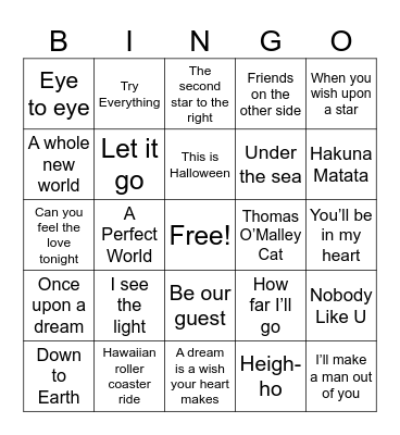 Disney Songs Bingo Card