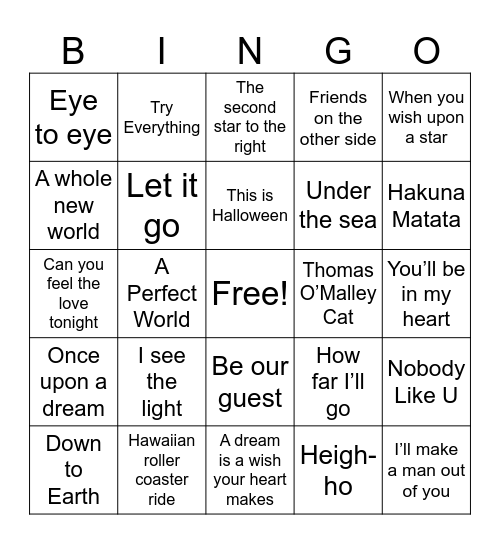 Disney Songs Bingo Card