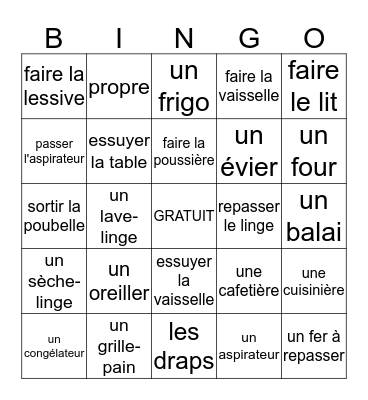 U3 - Chez Moi Vocab B Bingo Card
