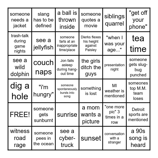 Spring Break 2026 Bingo Card
