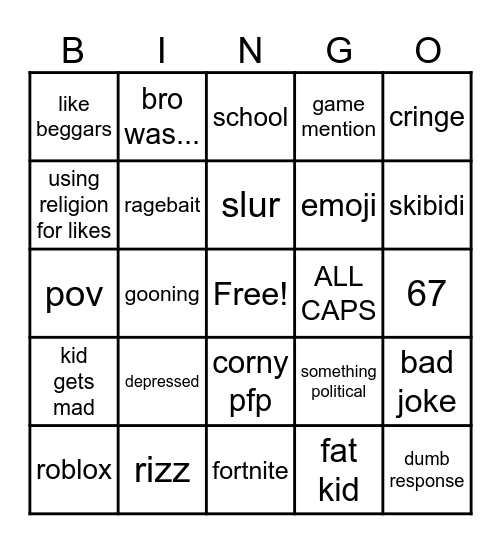 gen alpha kids Bingo Card
