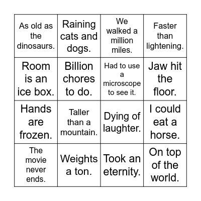 Hyperbole Bingo Card