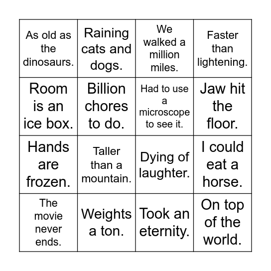 Hyperbole Bingo Card