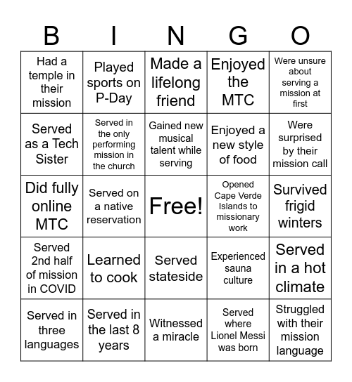 Ask a missionary if they... Bingo Card