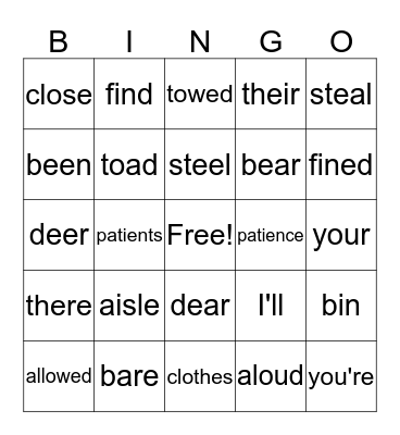 Homonym BINGO Card