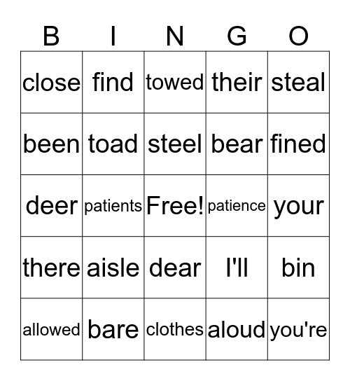 Homonym BINGO Card