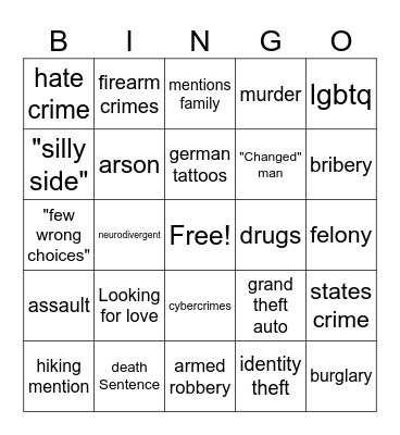 Criminal PenPal Bingo Card