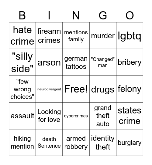 Criminal PenPal Bingo Card