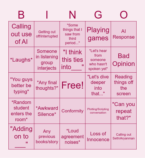 Socratic Seminar Buzz Word Bingo Card