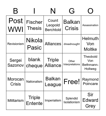 World War I Bingo Card