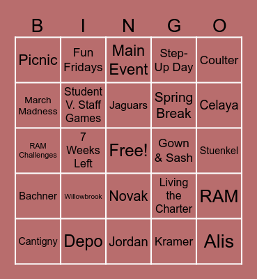 8th Grade Jaguar Bingo Card