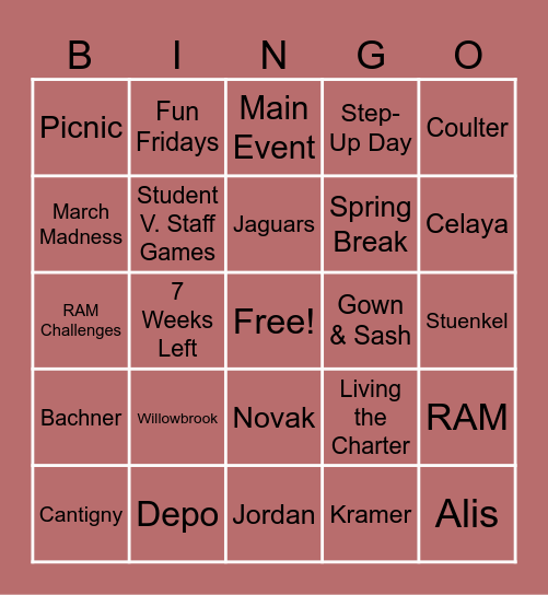 8th Grade Jaguar Bingo Card