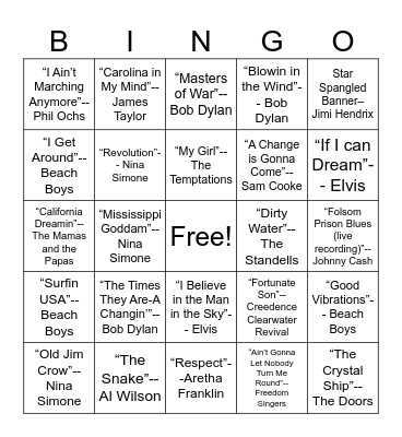 1960s Music Bingo Card