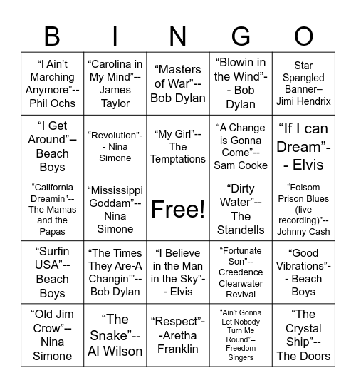 1960s Music Bingo Card