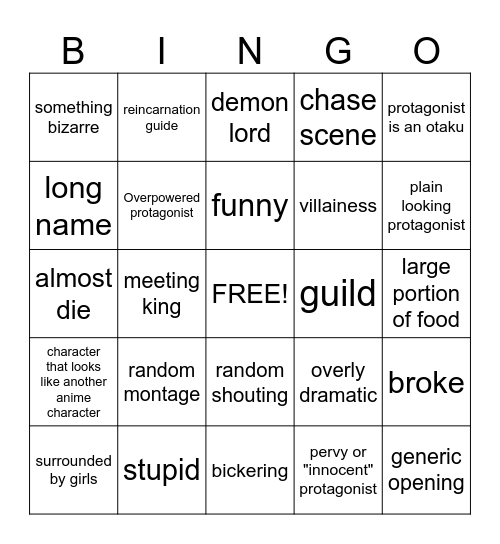 Isekai Bingo Card