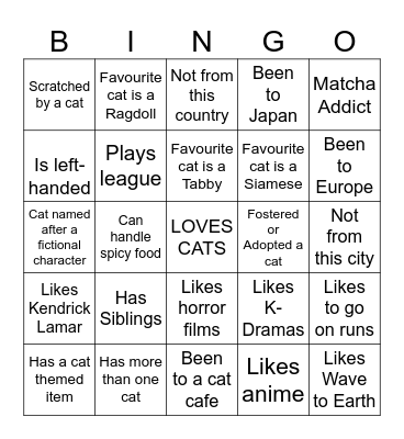 CatSoc Induction! Bingo Card