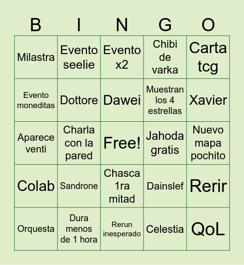 Genshin V6.5 Bingo Card