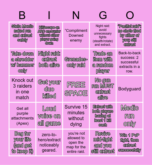 ARC Raiders Bingo Card
