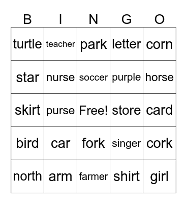 ar, er, ir, ur, or Bingo Card