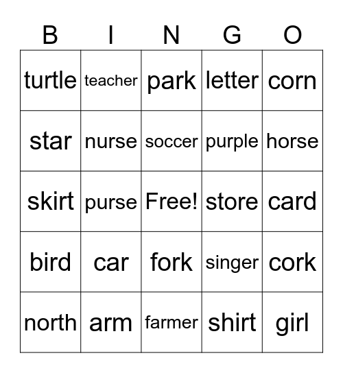 ar, er, ir, ur, or Bingo Card