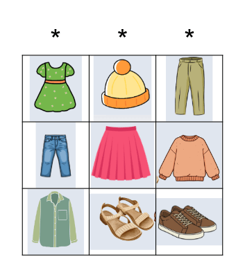 CLOTHES Bingo Card