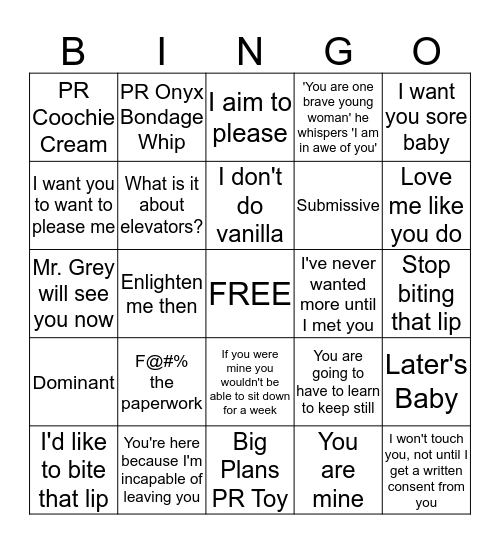 Fifty Shades of Grey Bingo Card