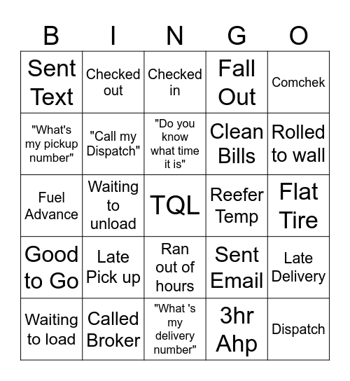 Standards Bingo Card