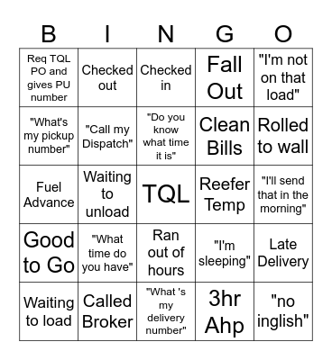 Standards Bingo Card