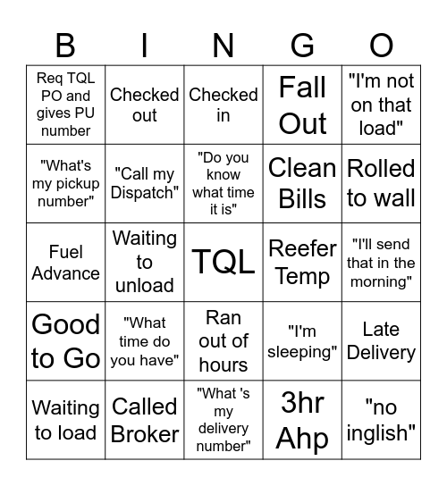 Standards Bingo Card